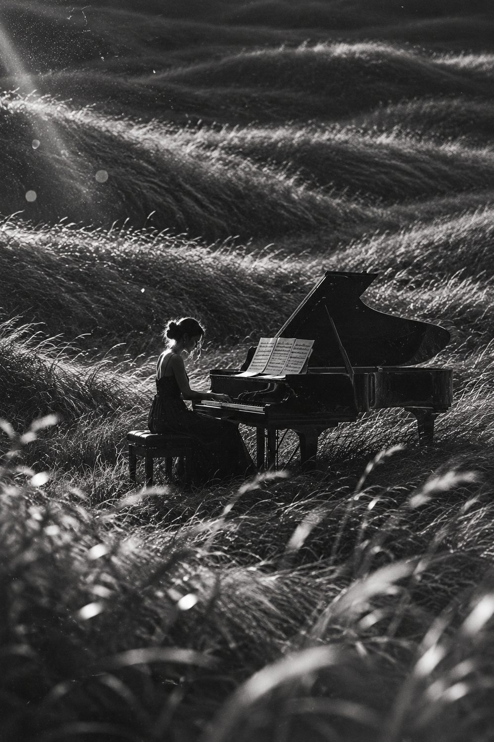 Pianiste jouant un piano à queue au milieu d'un champ d'herbes hautes, en noir et blanc