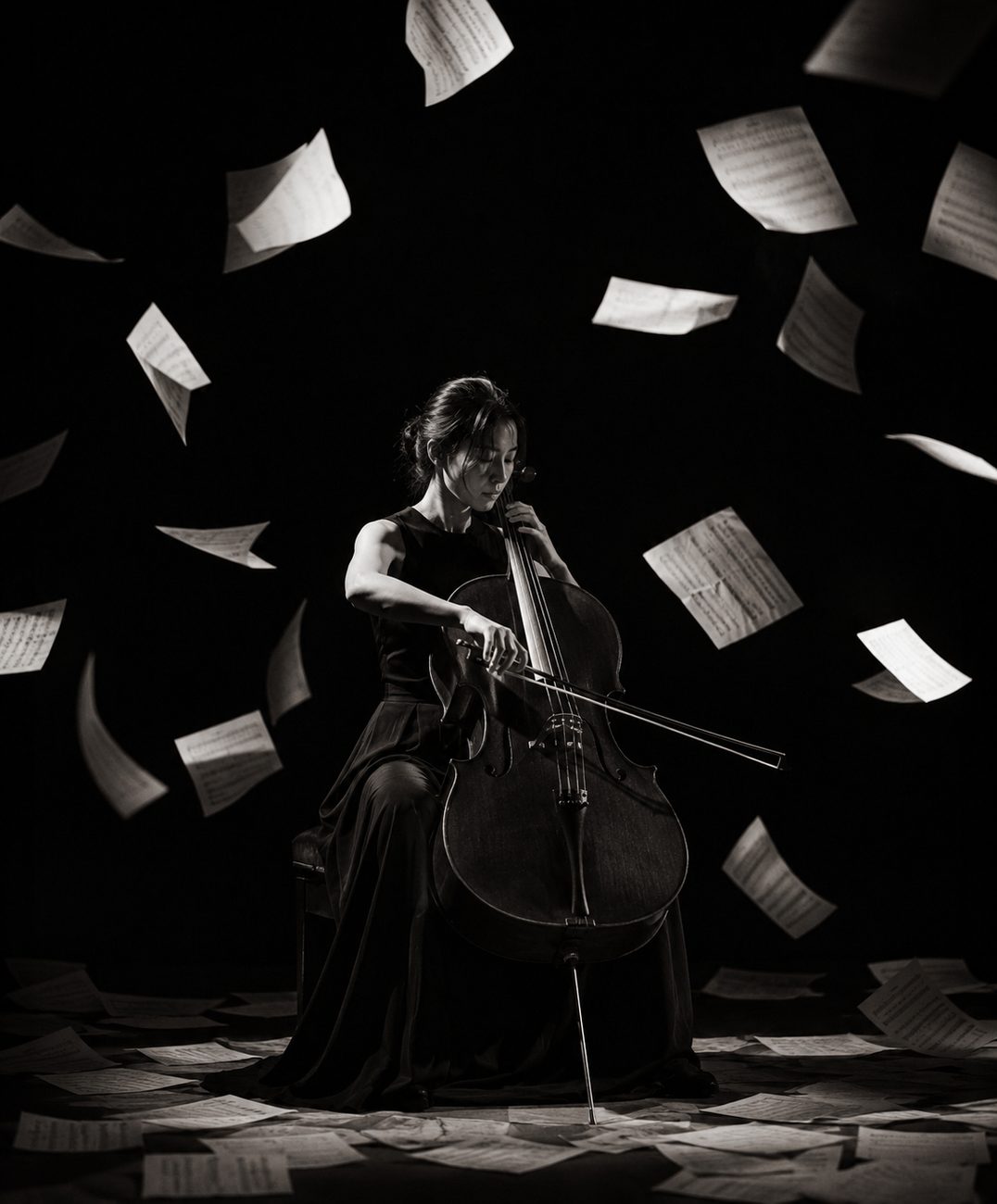 Violoncelliste entourée de partitions en suspension, en noir et blanc