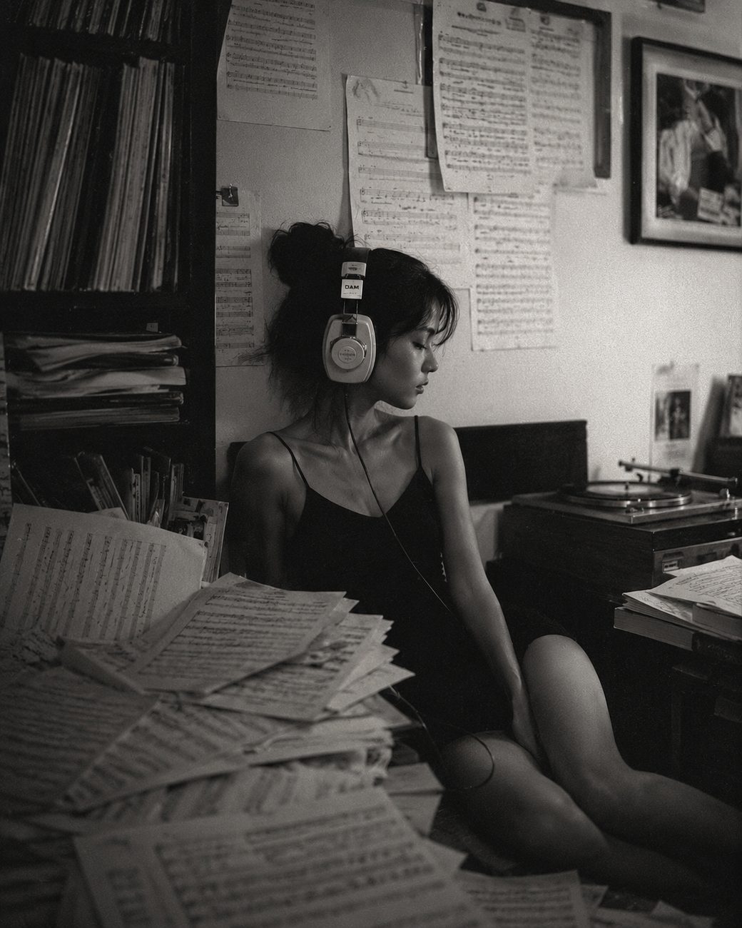 Jeune femme au casque entourée de partitions et de vinyles